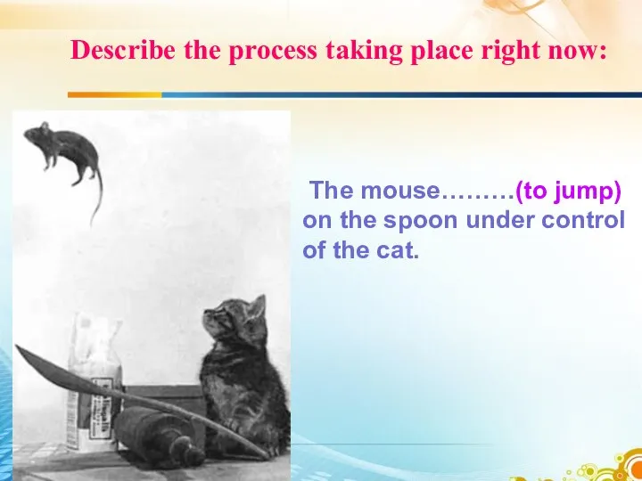 Describe the process taking place right now: The mouse………(to jump) on