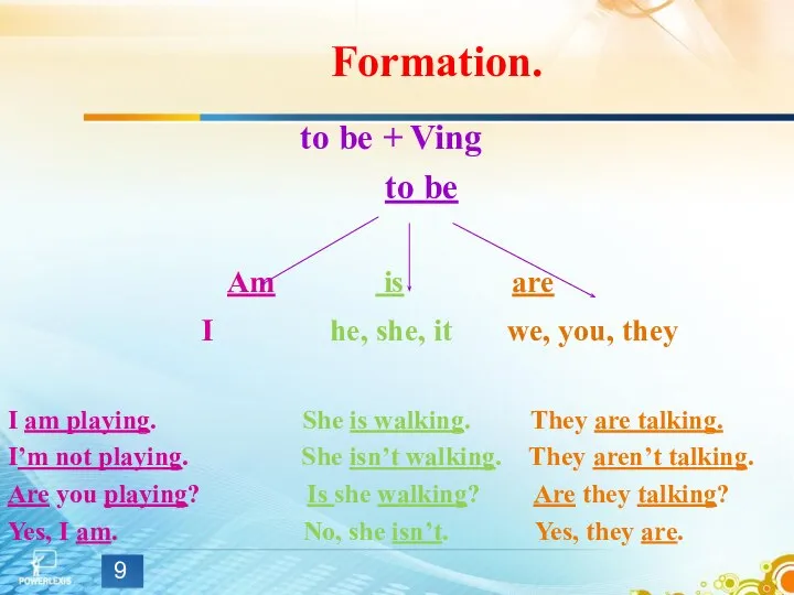 Formation. to be + Ving to be Am is are I