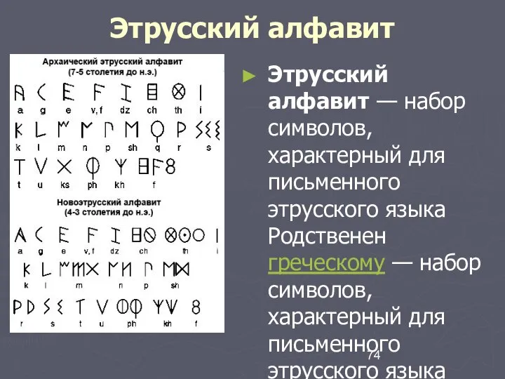 Этрусский алфавит Этрусский алфавит — набор символов, характерный для письменного этрусского