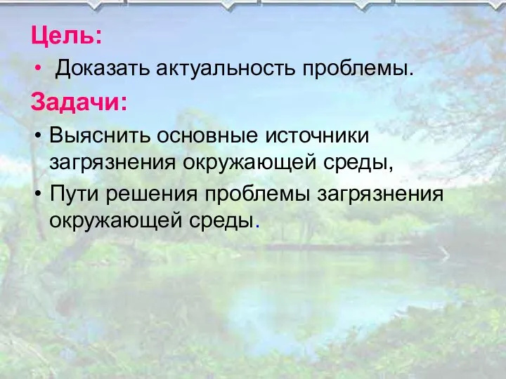 Цель: Доказать актуальность проблемы. Задачи: Выяснить основные источники загрязнения окружающей среды,