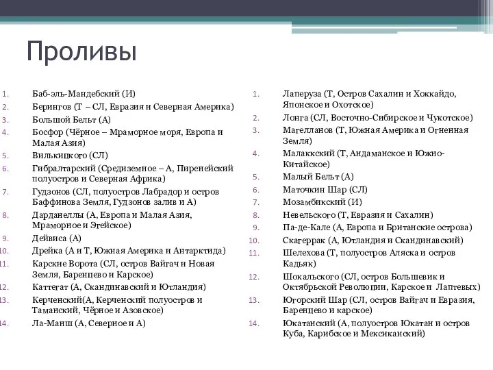 Проливы Баб-эль-Мандебский (И) Берингов (Т – СЛ, Евразия и Северная Америка)