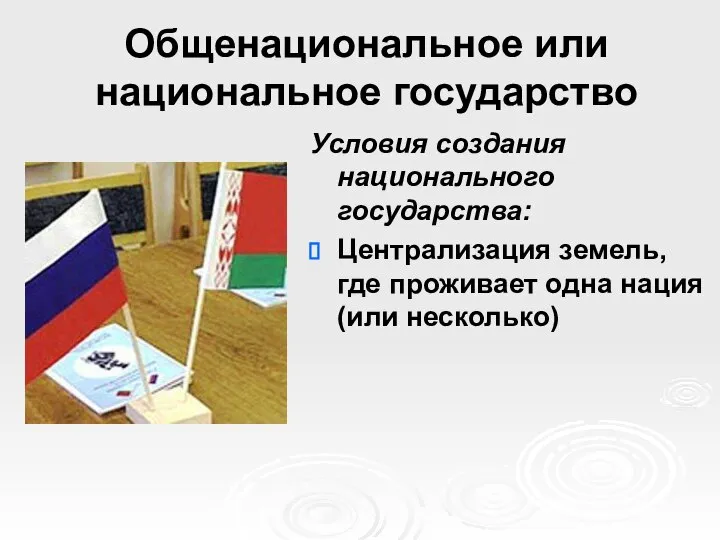 Общенациональное или национальное государство Условия создания национального государства: Централизация земель, где проживает одна нация (или несколько)