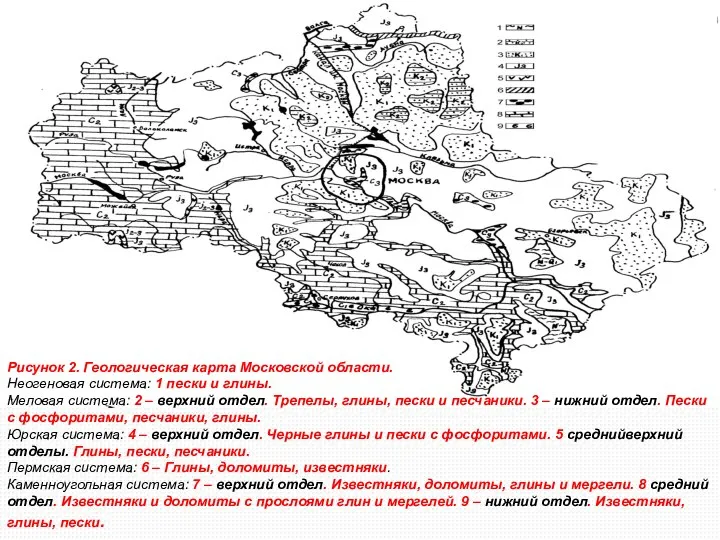 Рисунок 2. Геологическая карта Московской области. Неогеновая система: 1 пески и