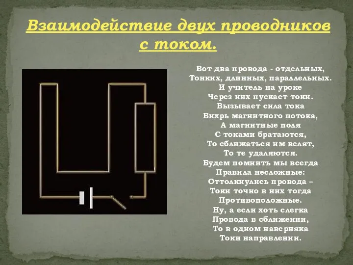 Взаимодействие двух проводников с током. Вот два провода - отдельных, Тонких,