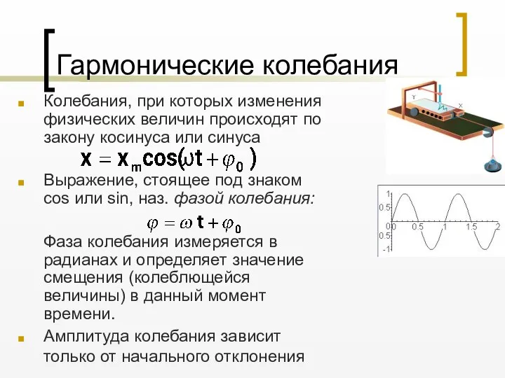 Гармонические колебания Колебания, при которых изменения физических величин происходят по закону