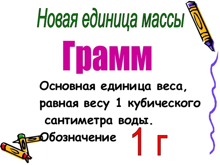 Основная единица веса, равная весу 1 кубического сантиметра воды. Обозначение Новая единица массы Грамм 1 г