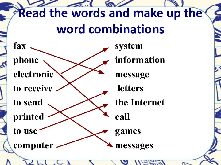 Read the words and make up the word combinations fax phone