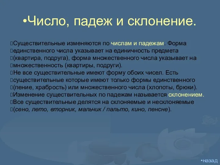 Число, падеж и склонение. Существительные изменяются по числам и падежам. Форма