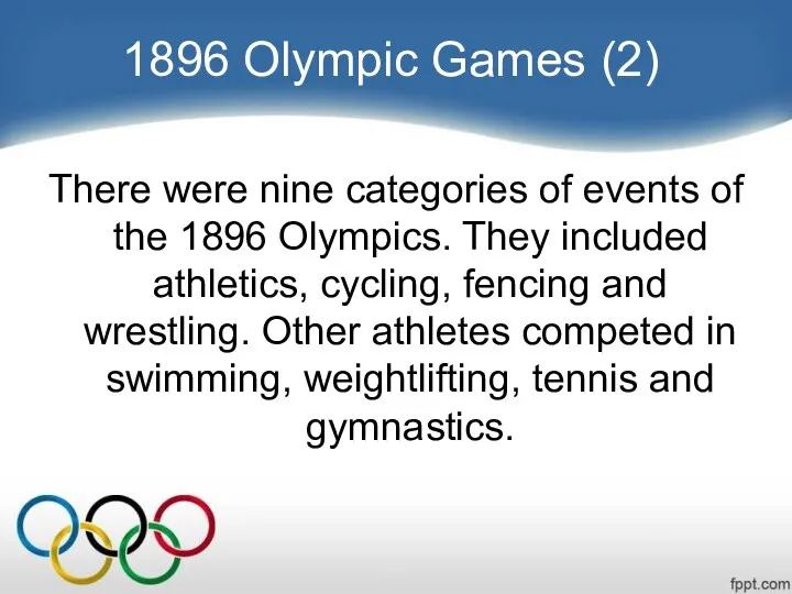 1896 Olympic Games (2) There were nine categories of events of