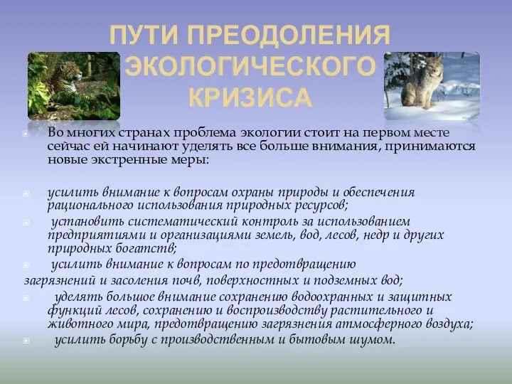 ПУТИ ПРЕОДОЛЕНИЯ ЭКОЛОГИЧЕСКОГО КРИЗИСА Во многих странах проблема экологии стоит на