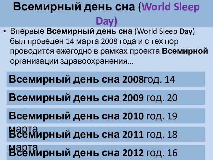 Всемирный день сна (World Sleep Day) Впервые Всемирный день сна (World