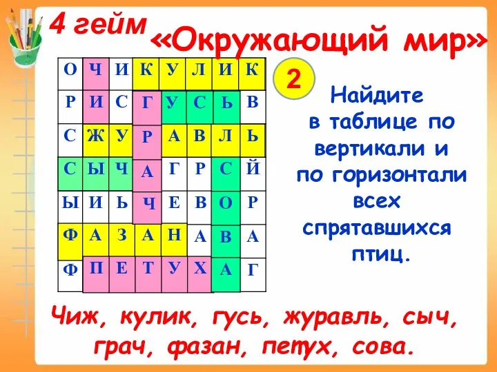 Чиж, кулик, гусь, журавль, сыч, грач, фазан, петух, сова. 4 гейм