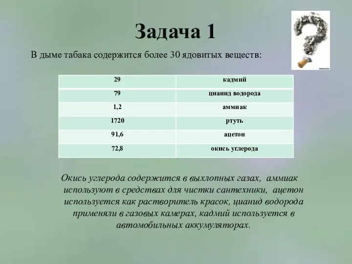 Задача 1 В дыме табака содержится более 30 ядовитых веществ: Окись