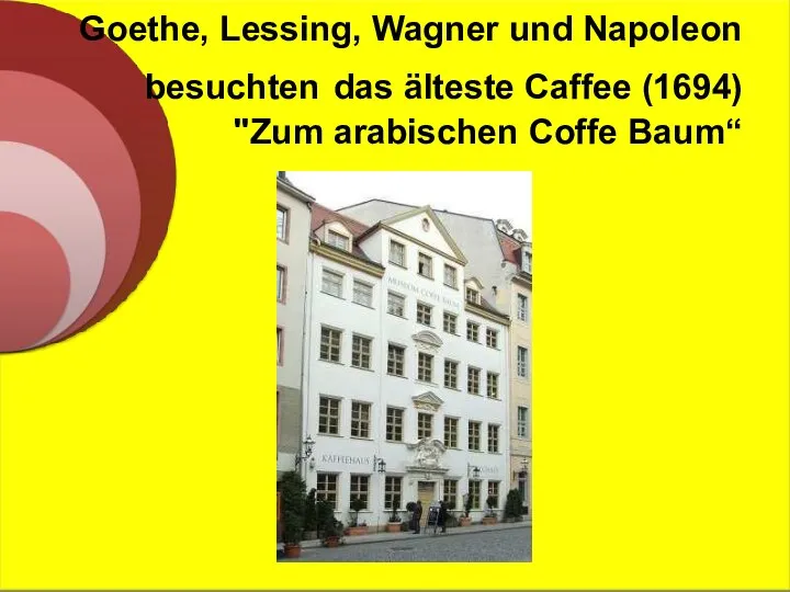 Goethe, Lessing, Wagner und Napoleon besuchten das älteste Caffee (1694) "Zum arabischen Coffe Baum“