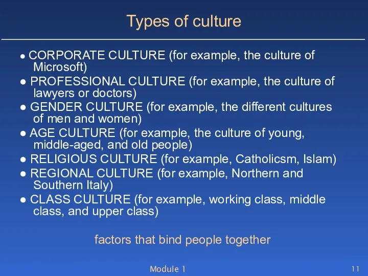 Module 1 Types of culture ● CORPORATE CULTURE (for example, the