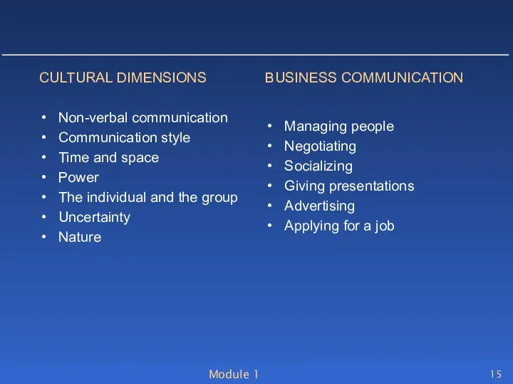 Module 1 CULTURAL DIMENSIONS Non-verbal communication Communication style Time and space