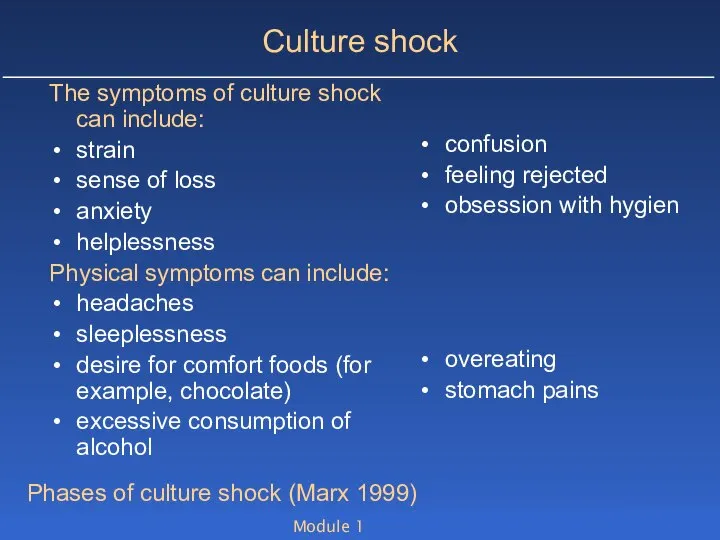 Module 1 Culture shock The symptoms of culture shock can include: