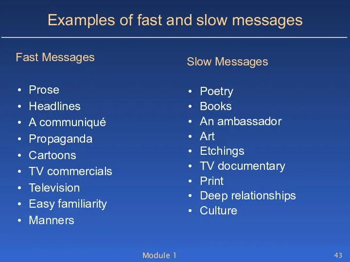 Module 1 Examples of fast and slow messages Fast Messages Prose