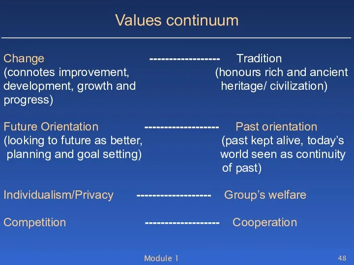 Module 1 Values continuum Change ------------------ Tradition (connotes improvement, (honours rich