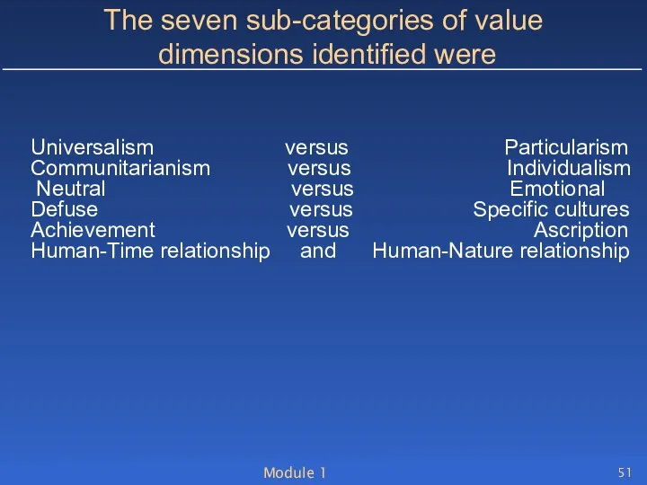 Module 1 The seven sub-categories of value dimensions identified were Universalism