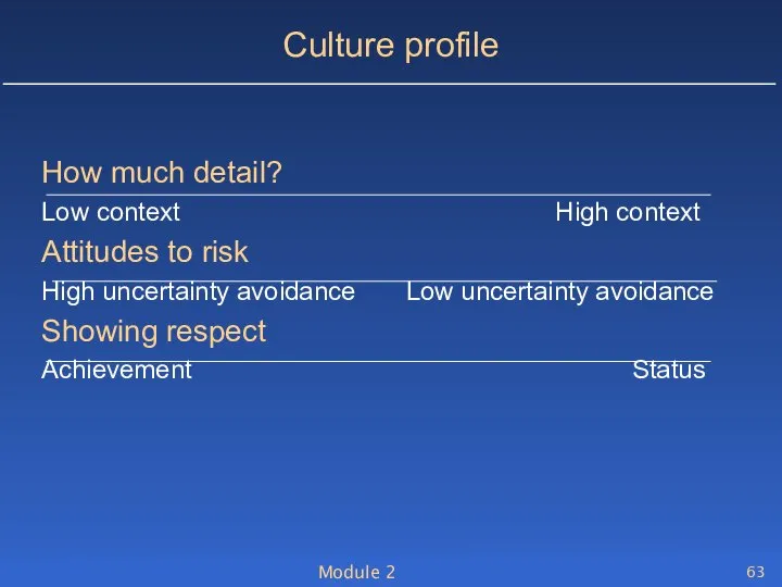 Module 2 Culture profile How much detail? Low context High context