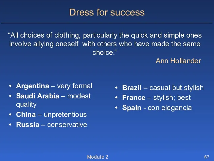 Module 2 Dress for success Argentina – very formal Saudi Arabia