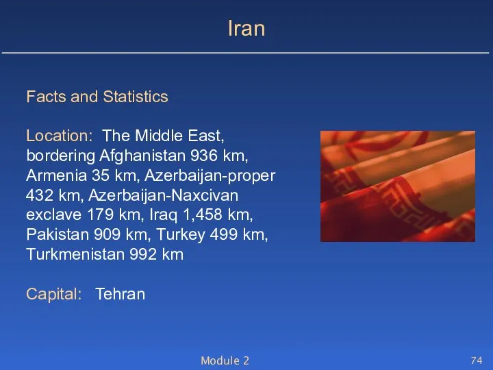 Module 2 Iran Facts and Statistics Location: The Middle East, bordering