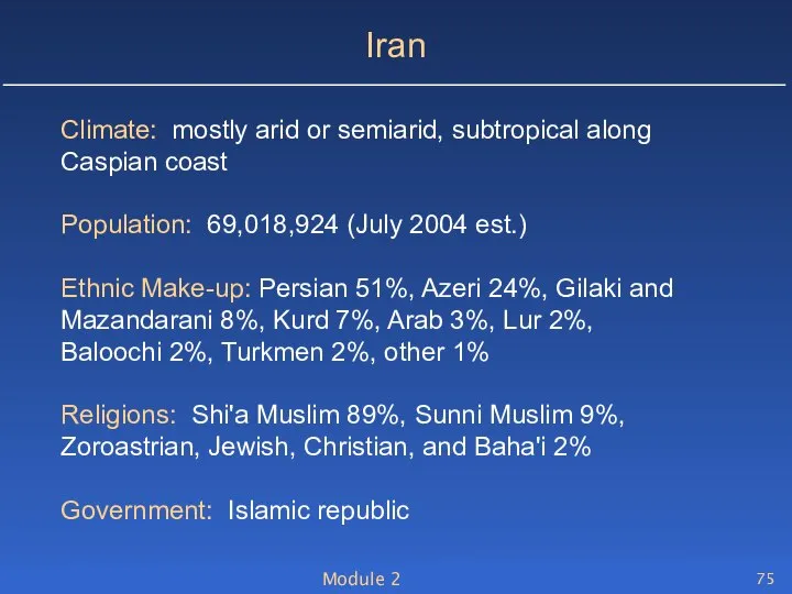 Module 2 Iran Climate: mostly arid or semiarid, subtropical along Caspian