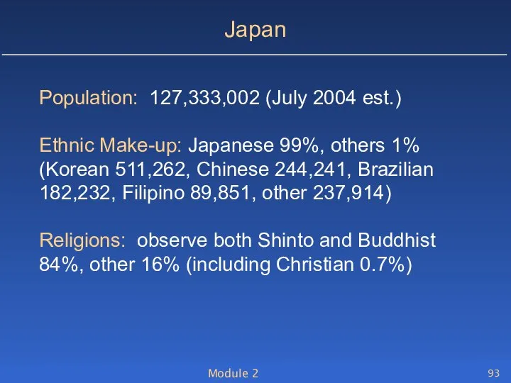 Module 2 Japan Population: 127,333,002 (July 2004 est.) Ethnic Make-up: Japanese