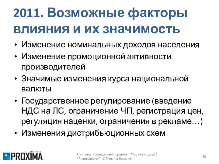 2011. Возможные факторы влияния и их значимость Изменение номинальных доходов населения