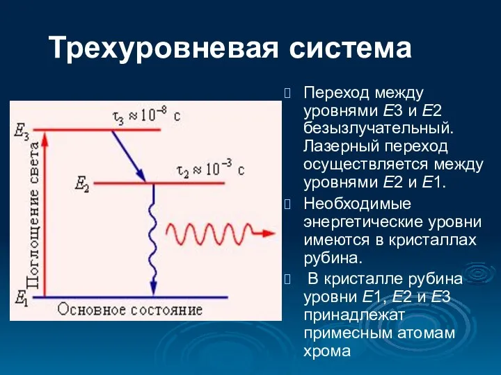 Трехуровневая система Переход между уровнями E3 и E2 безызлучательный. Лазерный переход