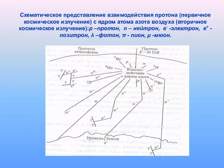 Схематическое представление взаимодействия протона (первичное космическое излучение) с ядром атома азота