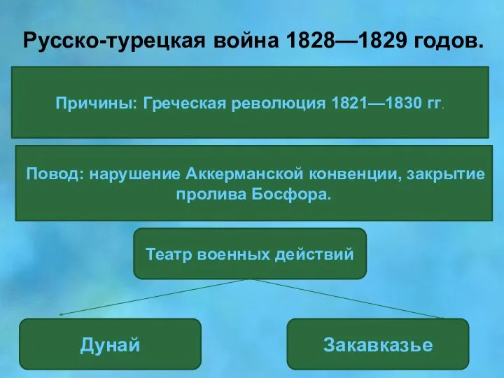 Русско-турецкая война 1828—1829 годов. Причины: Греческая революция 1821—1830 гг. Повод: нарушение