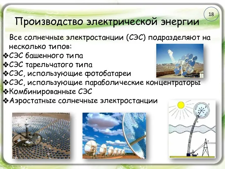 Производство электрической энергии Все солнечные электростанции (СЭС) подразделяют на несколько типов: