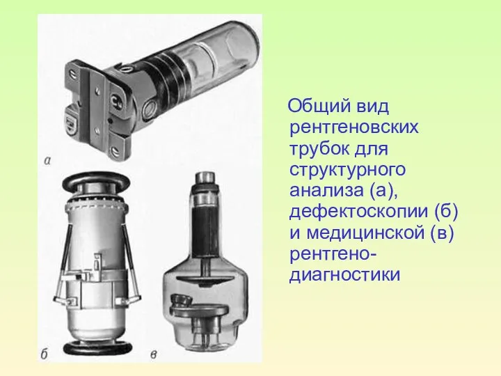 Общий вид рентгеновских трубок для структурного анализа (а), дефектоскопии (б) и медицинской (в) рентгено-диагностики