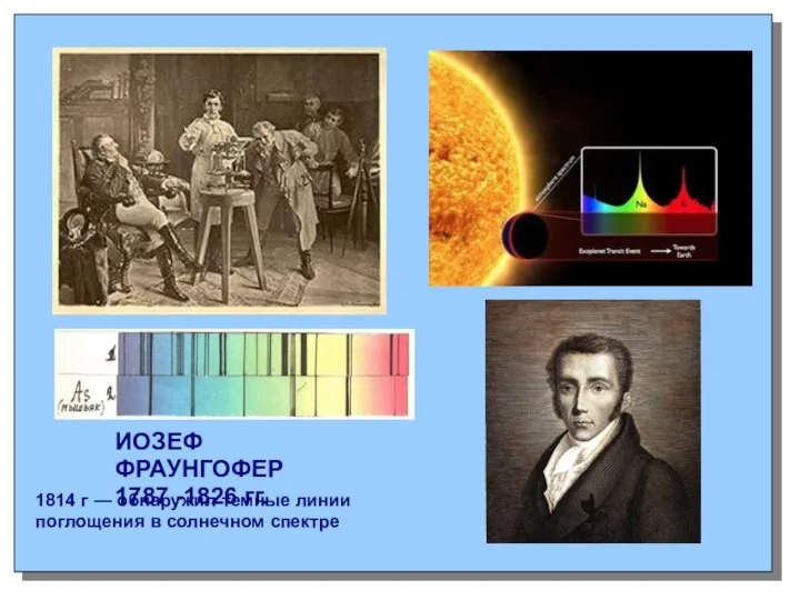ИОЗЕФ ФРАУНГОФЕР 1787 -1826 гг. 1814 г — обнаружил темные линии поглощения в солнечном спектре