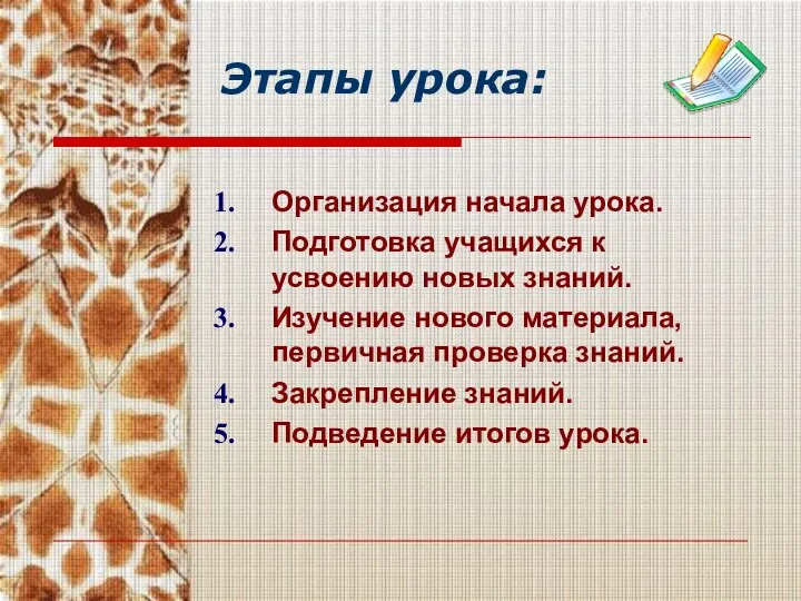 Этапы урока: Организация начала урока. Подготовка учащихся к усвоению новых знаний.