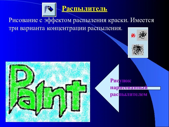 Распылитель Рисование с эффектом распыления краски. Имеется три варианта концентрации распыления.