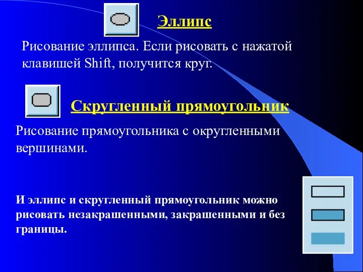 Эллипс Рисование эллипса. Если рисовать с нажатой клавишей Shift, получится круг.