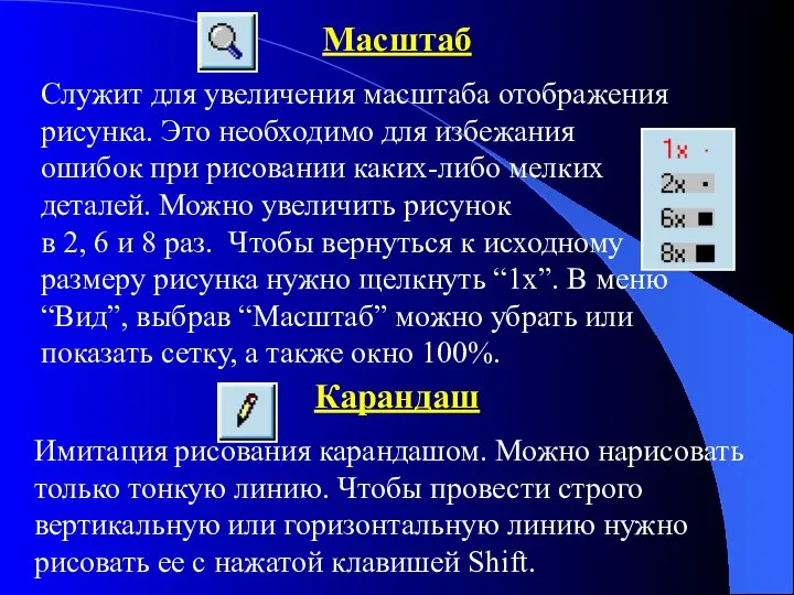 Масштаб Служит для увеличения масштаба отображения рисунка. Это необходимо для избежания