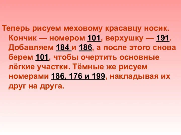 Теперь рисуем меховому красавцу носик. Кончик — номером 101, верхушку —