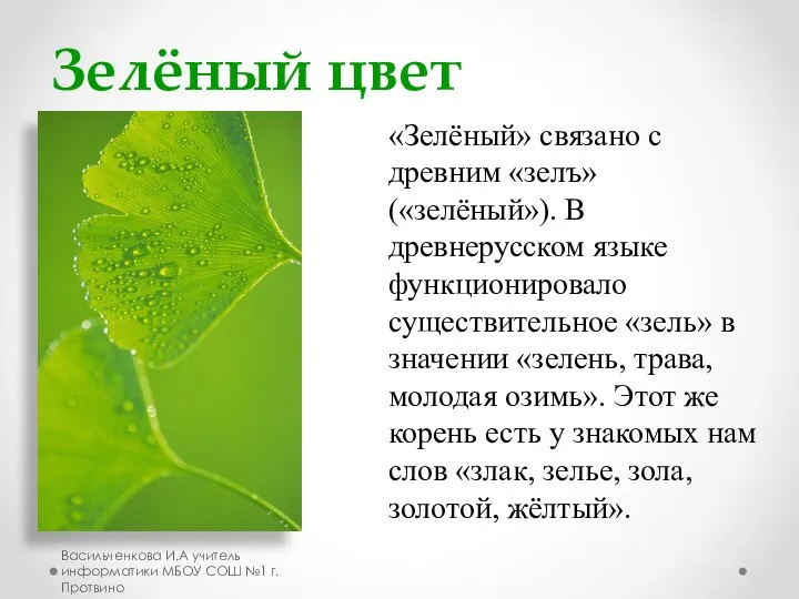 «Зелёный» связано с древним «зелъ» («зелёный»). В древнерусском языке функционировало существительное