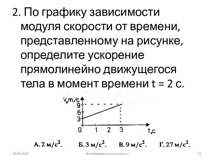 2. По графику зависимости модуля скорости от времени, представленному на рисунке,