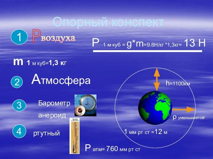 Опорный конспект Р воздуха m 1 м куб=1,3 кг 1 Р