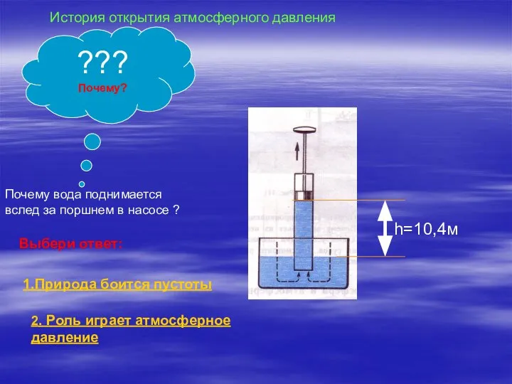 ??? Почему? Почему вода поднимается вслед за поршнем в насосе ?