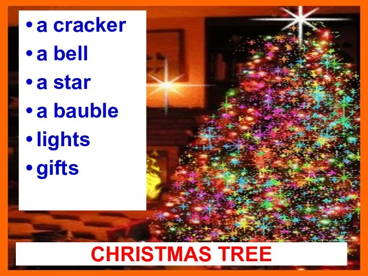 CHRISTMAS TREE a cracker a bell a star a bauble lights gifts