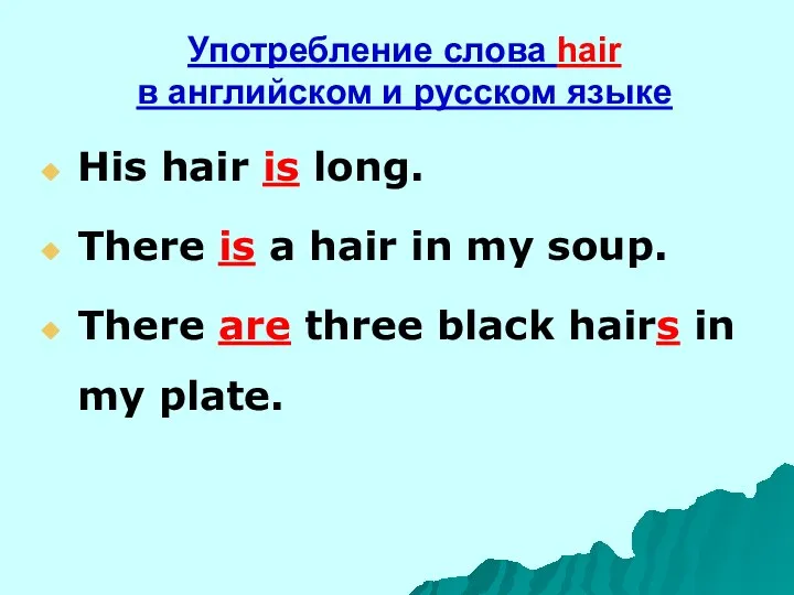 Употребление слова hair в английском и русском языке His hair is