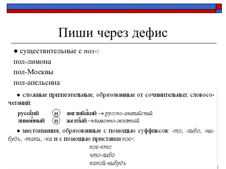 Пиши через дефис ● существительные с пол-: пол-лимона пол-Москвы пол-апельсина