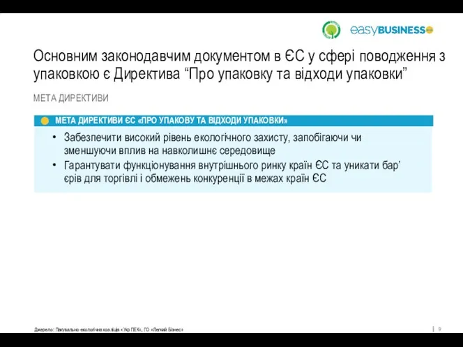 Основним законодавчим документом в ЄС у сфері поводження з упаковкою є