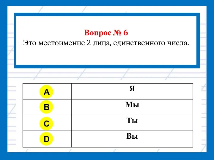 Вопрос № 6 Это местоимение 2 лица, единственного числа. A B C D